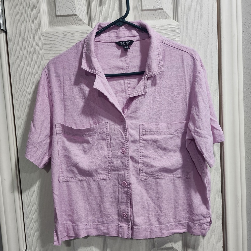 Buffalo David Bitton Pink Linen Blend Short Sleeve Button Up Shirt M Boxy Top